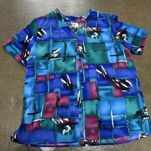 Vintage 67 Karol Place Shirt Womens Large Blue Teal Abstract Print Button 90s